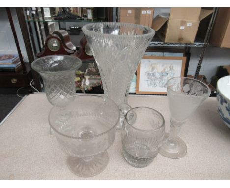 A cut glass vase (a/f), a cut glass celery vase, wheel engraved pedestal bowl, an etched tankard and wine glass with coat of 