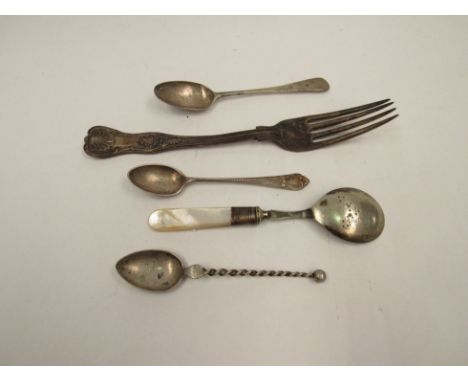 A silver fork, a silver mother-of-pearl handled spoon, silver teaspoon etc 