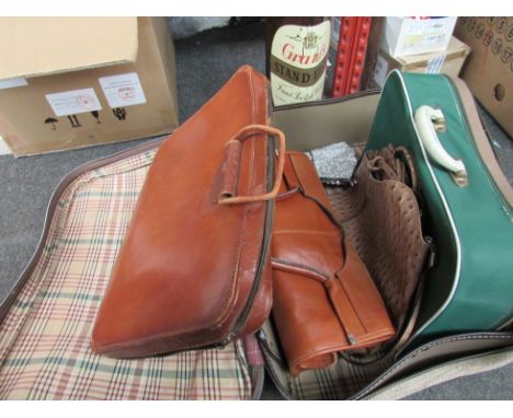 A case containing a leather attaché case, large Grants Whisky bottle, hunting horn etc 