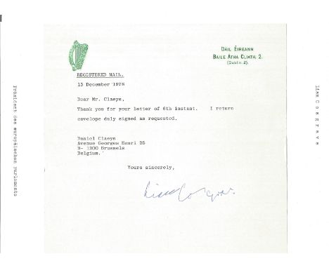 Irish President Liam Cosgrave signed 6 x 4 b/w photo and signed typed note. 13 April 1920 - 4 October 2017 was an Irish Fine 