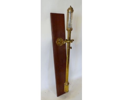 A Brass Marine Stick Barometer by R N Desterro, Lisbon mounted upon a rectangular mahogany wall plate, 93 cms long