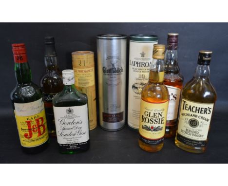 One Bottle of Glen Fiddich Single Malt Scotch Whiskey within presentation box, together with a collection of other whiskeys a