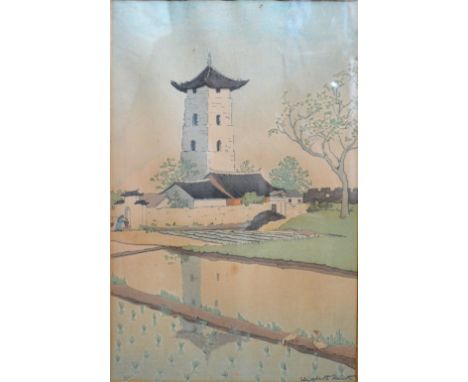 Elizabeth Keith, 1887 - 1956, England
A BELL TOWER, SOOCHOW, CHINA
Colour woodcut print, signed in pencil, 33 x 21 cms