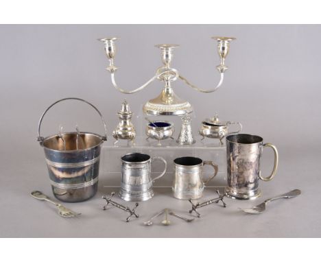 A quantity of silver plate, including ice bucket, two-branch candlestick, salt, pepper and mustard pots, tankards, etc and a 