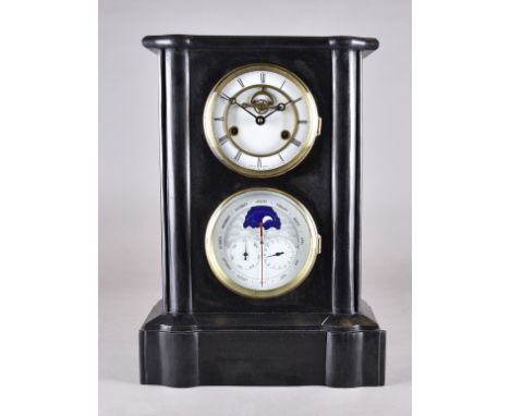 A slate mantle clock, with enamel face, calendar and moonphase, in rectangular case with stepped mount, 46 cm highMovement fu