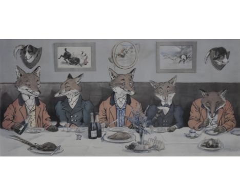 After Harry B. Neilson coloured print, Mr Fox's Hunt Breakfast on Xmas Day', 31 cm x 62 cm, framed and glazed 