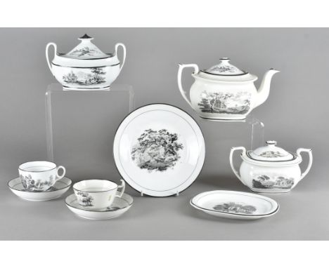 A part Regency porcelain tea service, Bat printed design, some with named landscapes, including tea pot, sugar bowls and cove