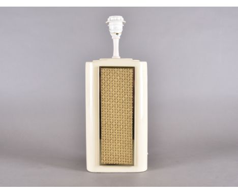 An Art Deco ivory ceramic table lamp, flattened form, graduated shoulders, wicker side panels with gilt borders, 40.5 cm high