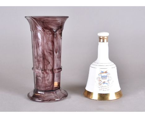 A 1930s Davidson purple cloud column vase, 25.4 cm high. Together with a Bells scotch whisky ceramic decanter by Wade, bell-s