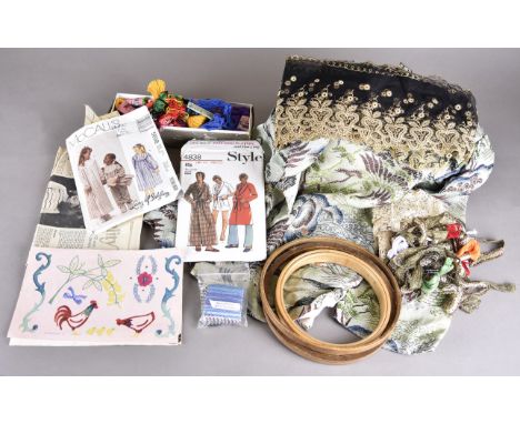 A quantity of vintage children's clothes and shoes together with a collection of needlework related items, including buttons,