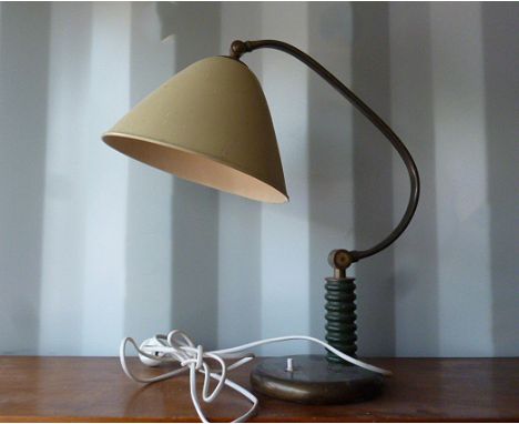 An Art Deco continental brass adjustable desk lamp, painted metal shade 