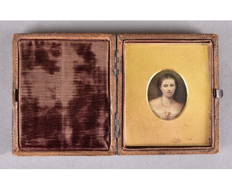 19th Century English School oil on card miniature, Portrait of a Young women with Pearl Necklace, Three-Quarter Length', in l