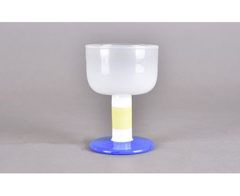 A Gunnar Cyren (1931-2013) for Orrefors Pop glass goblet, opaque bowl, banded stem, blue foot, signed and inscribed to base, 