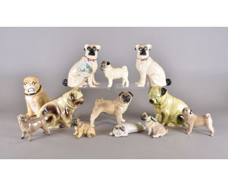 A collection of ceramic models of pugs, including Sylvac example, tobacco jar etc, smallest 7.5 cm high, largest 20.5 cm high