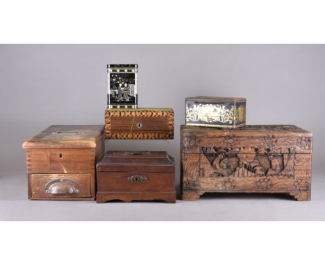 A George II mahogany converted tea caddy, together with a walnut work box missing interior, a Chinese hardwood box, a shop ti