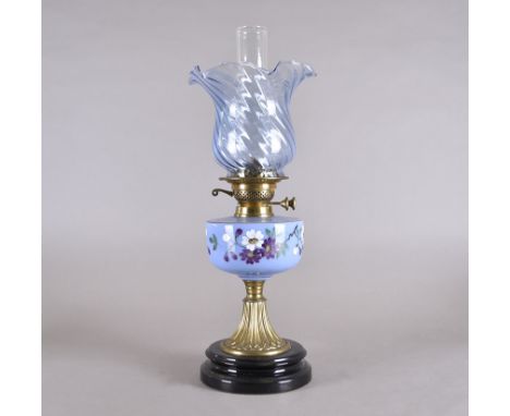 A 19th Century table oil lamp, blue glass reservoir, brass stem, terracotta base, blue glass shade 