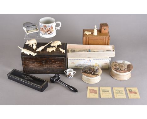 A miscellaneous collectors lot, including a 19th Century mother-of-pearl van, pens, novelty piano lighter, gavel, silk cigare