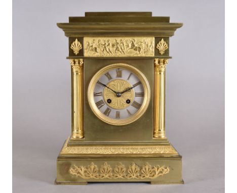 A 19th Century ormolu mantle clock, circular dial, Roman numerals, classical frieze, corinthian columns, graduated cornice, 3