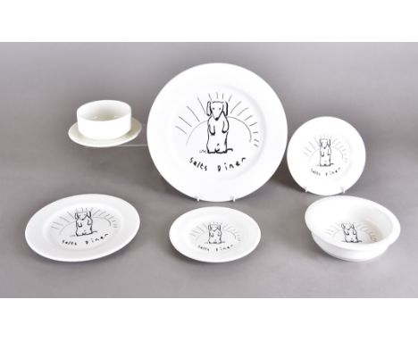 A collection of Royal Doulton Salts Diner bone china with designs by David Hockney, 1994, comprising one dinner plate, one sa