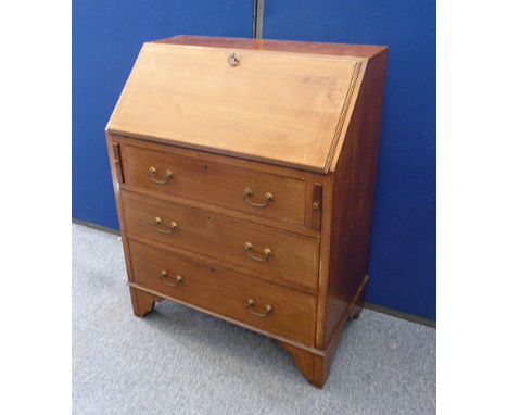 An Edwardian inlaid mahogany bureau, three drawers, bracket supports, 77 cm wide x 43 cm deep x 99 cm high 