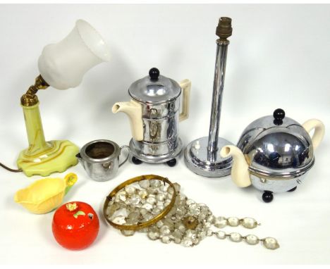 A group of Art Deco items, marbled glass table lamp with opaque glass shade, tea and coffee pot with chrome casing, Carlton w