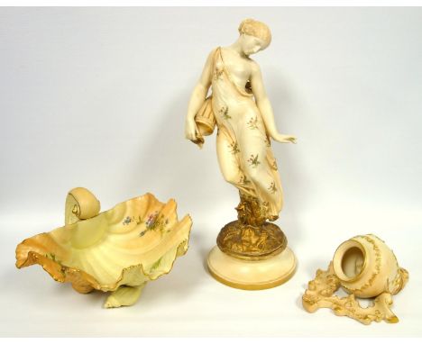 A group of Worcester blush ivory, floral decorated shell dish on shell feet, width 26 cm, a figure of a maiden carrying an ur