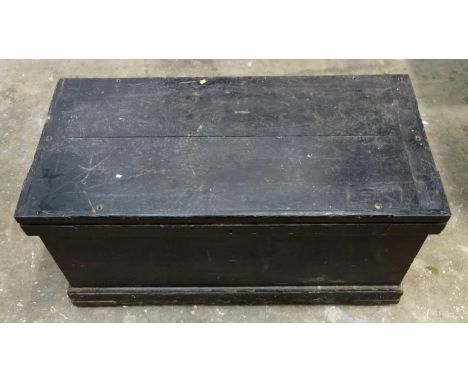 Old painted pine tool chest with internal tray and tools, including a variety of wood working tools and wooden planes, chest 