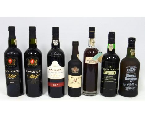 Grahams LBV port, 2007, 75 cl, Taylor's 10 yo tawny port, 37.5 cl, two bottles of Taylor's Select port 75cl, Warre's Otima 10