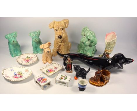 Mid-Century Italian model of a Dachshund, Sylvac models of dogs, Derby dishes, Herend porcelain match box holders, an oil lam