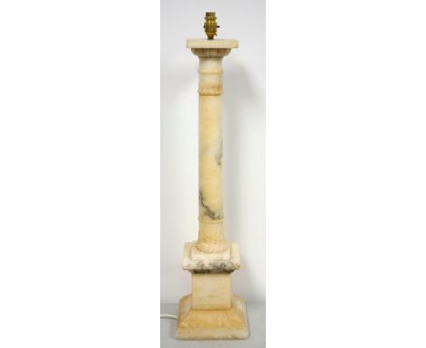 An alabaster column table lamp on square section base, 87 cm 