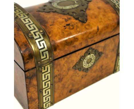 Victorian dome top tea caddy, burr walnut veneer, inlaid brass strapwork and mounts with Greek key design, 15 x 25 x 14 cm