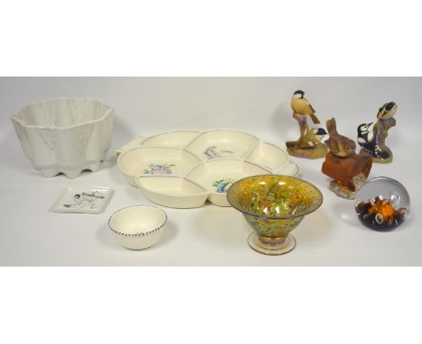 Isle of Wight glass footed lustre bowl, Caithness paperweight Poole Pottery, sectional dish, and salt, Worcester bird figures