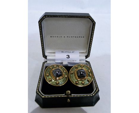 A pair of hermatite and green enamel earrimgs by De-Vroomen. 32mm diameter. 45.1g gross, Boodle and Dunthorne box