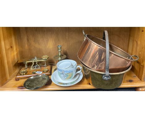 A brass post office scale with candlestick and other items, together with a group of Motto ware and a copper jam pan and copp