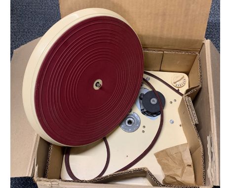 A boxed Collard Ltd portable record player turntable in cream Bakelite.