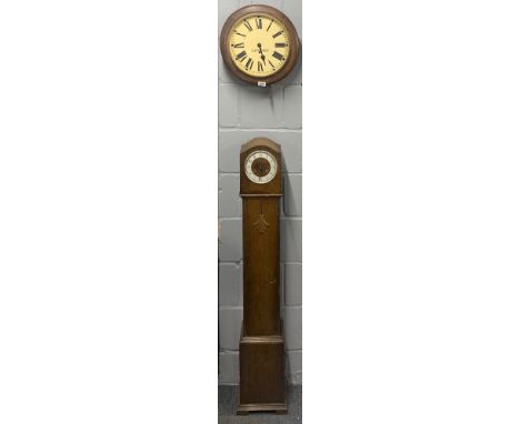 A Victorian mahogany framed school wall clock, Dia. 40cm, together with an oak granddaughter clock.