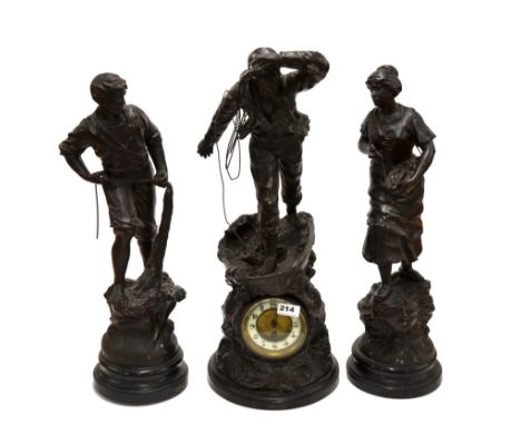 A large 19th century French spelter clock garniture of fisherfolk, H. 64cm.