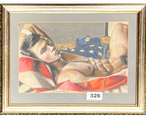 A framed, signed erotic pastel portrait of a young male study, reclining on a Stars and Stripes, frame size 25 x 37cm.