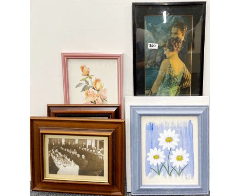 A 1920's print with a group of watercolours and prints, largest frame size 28 x 74cm.