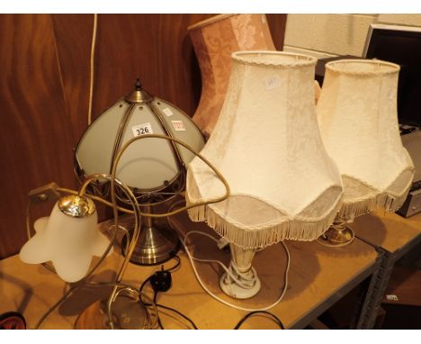 Three assorted ceramic based table lamps with shades and two metal and glass lamps   CONDITION REPORT:  The electrical items 