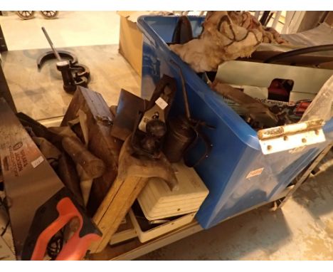 Large container of hand tools shed items hinges along with small tool box chisels etc 