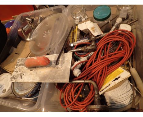 Two boxes of mixed tools coils of wire car cover etc 