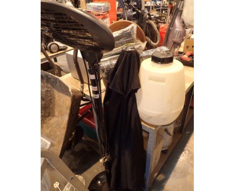 Mixed garden tools including heater parasol tubs netting and a beer brew barrel    CONDITION REPORT:  The electrical items in