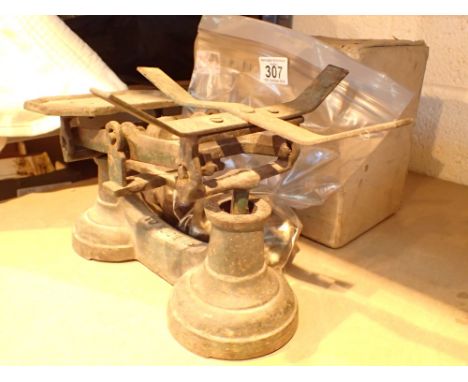 Vintage camping kettle and a set of scales with weights