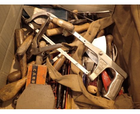 Selection of tools including saws screwdrivers chisels etc 