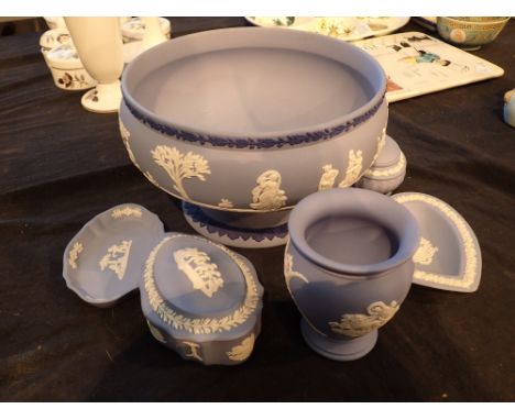 Selection of Wedgwood blue and white jasperware including fruit bowl pin dishes trinket pots etc