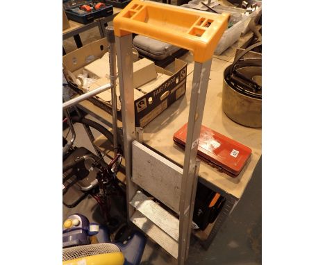 Pair of two step and platform aluminium step ladders also one large and one small black wheeled suitcases with pull out handl