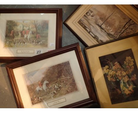 Four framed and glazed prints including two hunting related