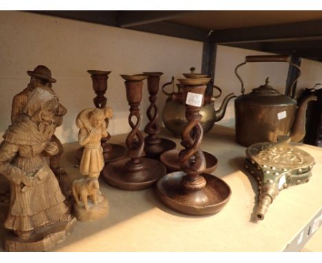 Shelf of mixed metalware treen including brass kettle bellows candlesticks etc