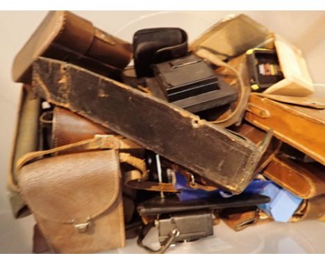 Large box of vintage camera cases some including modern cameras plate adapter etc